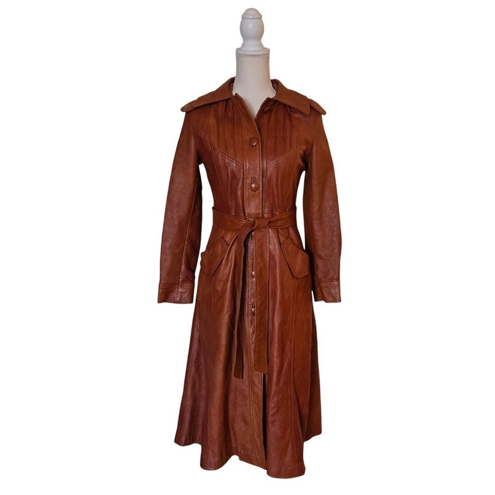 Vintage 1970s Ollie Leather Hooded Belted Trench Coat Canada Cognac Womens XS/Sm